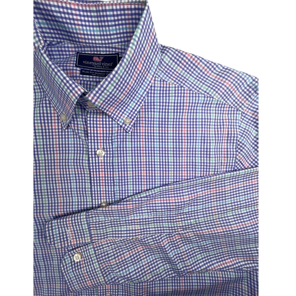 Vineyard Vines Shirt Mens M Blue Gingham Slim Fit Murray Long Sleeve Button Down
